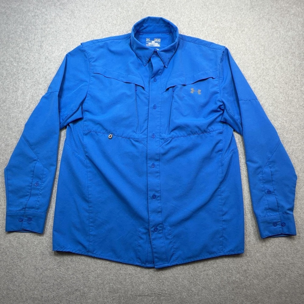 Under Armour Shirt Mens Medium Blue Long Sleeve Button Fishing HeatGear Vented
